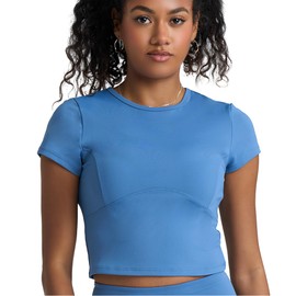 POPSUGAR Short Sleeve Athletic Tops for Women, Fitted Feminine Seamed Workout Shirts Breathable Gym Running Yoga Tshirts Blue Mist, Medium