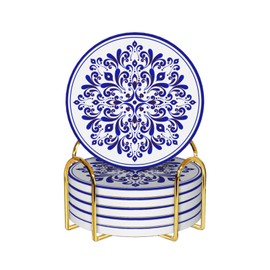 Coasters with Holder,Blue and White Style Ceramic Drink Coaster, Absorbent Coaster Sets of 6 for Tabletop Protection,Suitable for Kinds of Cups, Wooden Table, Unique Housewarming Gifts for Home Decor