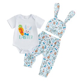 XIXIMAON Baby Girls Easter Outfits Summer Short Sleeve Flower Print Infant Romper Bunny Bow Rabbit Pattern Pants Hat 3pcs Toddler Clothes Set (Blue, 3-6 Months)