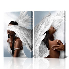 NutArtPic Angel Wall Art Canvas Woman with Angel Wings Painting Prints African American Girl Pictures Angel Girl Artwork for Home Living Room Bedroom Decor (24''x36''x2panels)