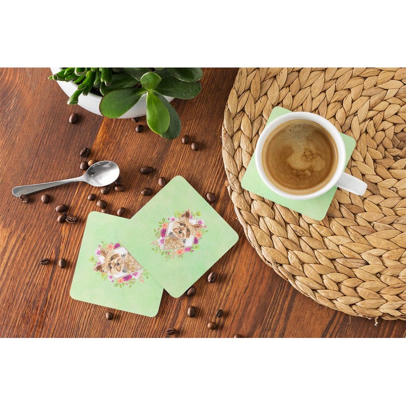 Caroline's Treasures CK4357FC Yorkie Green Flowers Foam Coaster Set of