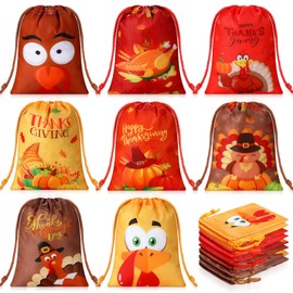Paterr 16 Pcs Thanksgiving Favor Bags - Small Drawstring Bag with Maple Leaf Candy & Pumpkin Treat Goodies for Autumn Party & Birthday Decor, 7x10 Inch