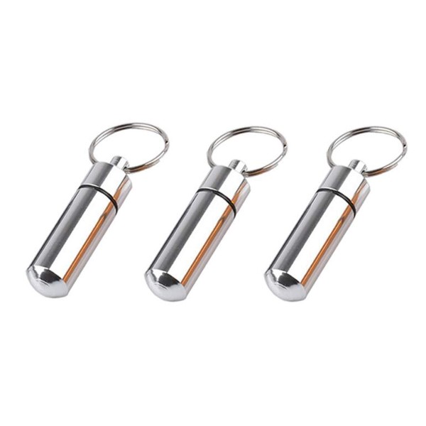 3Pcs 4917mm Pill Box Keyring-Waterproof Aluminum Travel Pill Holder Keychain Portable Mini Pill Box Case Bottle Container Sliver Color