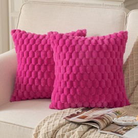 MANDIOO Pack of 2 Hot Pink Super Soft Plush Fluffy Decorative Throw Pillow Covers 16x16 inch Faux Fur Wool Velvet Cushion Covers Pillow Cases Couch Sofa Bed Living Room