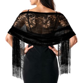 Qulkws Black Lace Shawl Women's Floral Lace Scarf Shawl with Tassels for Evening Party Wedding