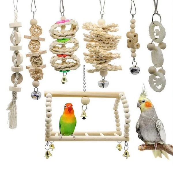 YFFSFDC Bird Toys, Set of 7, Bird Playground, Raw Wood, Hanging Bell, Swing, Parrot, Toy, Chewing Toy, Bird Goods, Parakeet Toy, Stress Relief, Bell (Set of 7)