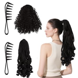 2pcs Black Ponytail Hair Extensions, Ponytail Extensions, Women Long Wavy Ponytail Extensions for Daily Use (16 Inch, 14 Inch)