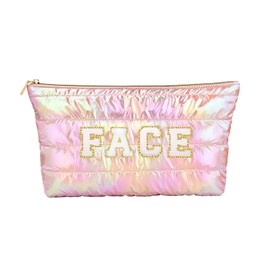 Hiroyuki Iridescent Quilted Makeup Bag, Extra Large Cosmetic Bag, Large Capacity Cute Makeup Pouch (Face, pink2)