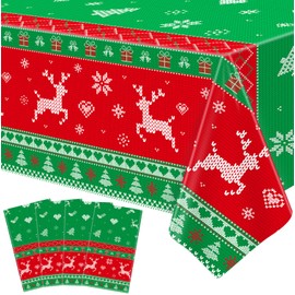 4 Pcs Ugly Sweater Tablecloth Christmas Tablecloth Sweater Party Plastic Table Cloth Winter Snowflake Table Cover Ugly Sweater Party Decorations Christmas Party Supplies Xmas Party Decor 86 x 51 Inch