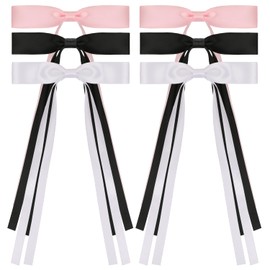 Satin Bows Hair Clips with Ribbon,UHOMENY 6PCS Cute Satin Hair Bows Hair Barrette Clips with Bow Long Ribbon Hair Ties Hair Accessories Colorful Hair Pins (Black, White, Pink)