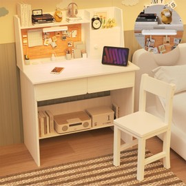 SFDOU Kids Study Desk with 3-Color Lights, White Desk and Chair Set for 5-12 Year Old, Kids Study Table with Charging Station, Study Table with Drawers and Storage Shelf-XD40