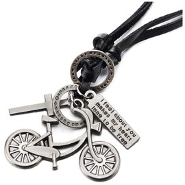 COOLSTEELANDBEYOND Unisex Damen Herren Vintage Kreuz Fahrrad Anhänger Halskette mit Verstellbaren Schwarz Lederband, Einzigartige