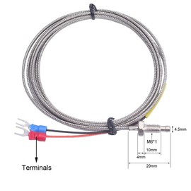 K Type Thermocouple Temperature Sensor, Heat Resistance, 2 Pieces, 2 Metres, K Type Thermocouple Temperature Sensor, M6 Screw, 0~600°C Temperature Measuring Range
