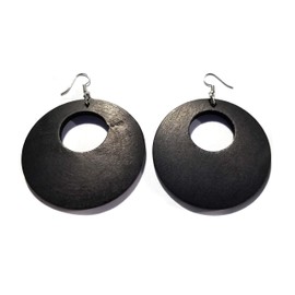 Wood Earrings Open Hoop Brown and Black 2.5 inch Hoops Lightweight (Black)