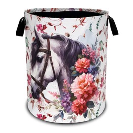 White Horse Flowers Laundry Basket Oxford Cloth Funny Laundry Hamper With Handle Foldable Portable Clothes Storage Basket 18.9 X 16.5 Inch Storage Bag For Laundry Room/Bathroom/Bedroom/Dormitories