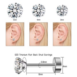 ZDE Titanium Women Flatback Earrings Cubic Zirconia Silver Stud Earrings Flat Back CZ Earrings Hypoallergenic Cartilage Flatback Earring Tragus Helix Tragus Conch Piercing (Silver, 3MM)