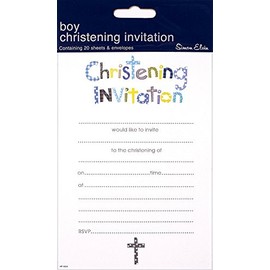 Simon Elvin Baby Boy Christening Invites Pack Of 20 With Envelopes - Blue Font Design by Simon Elvin