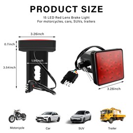 KVAEY 15 LED Brake Light Trailer Hitch Cover, Super Bright Driving Lamp for 2" Towing Hitch Receiver, Universal Tail Light for Towing Truck SUV, Car Accessories (Red)