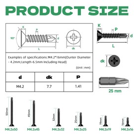 Jyvex Pack of 150 Self-Tapping Screws Black, M4.2 x 38 mm Self-Tapping Screws Countersunk Phillips Screws Metal Screws with Drill, Self-Drilling Screws Carbon Steel