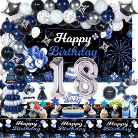 Miidenks 18th Birthday Decorations Set for Boy Men, Navy Blue Silver Black Happy 18 Birthday Party Decorations with Birthday Backdrop Banner Birthday Tablecloth 18 Number Balloons for Him