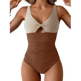 B2prity One Piece Swimsuit for Women Tummy Control Ruched Bathing Suit V Neck Cutout Swimwear