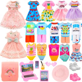 20 Pcs 5.3 Inch Doll Clothes & Accessories Include 5 Dresses 3 Outfits Tops and Pants 3 Swimsuits with 2 Shoes 1 Backpack 1 Laptop 1 Pad 1 Glasses 1 Drink 1 Hat for 5.3 - 6 Inch Dolls