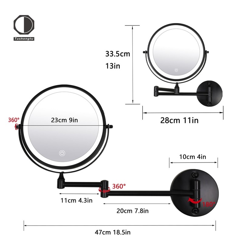 9" Large Black Wall Mount Magnifying Mirror With Light, TUSHENGTU