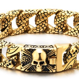 COOLSTEELANDBEYOND Gold Black Snake Skin Pattern Curb Chain Mens Large Steel Bracelet with Pirate Skull Clasp