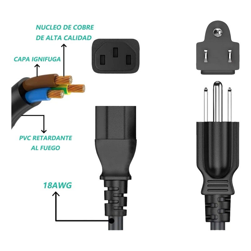 Cable De Corriente Alimentación 5m Cobre Color Negro Negro