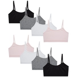 Rene Rofe Girls' Training Bras - 8 Pack 4-Way Stretch Seamless Comfort Cami Bralettes with Spaghetti Straps (Sizes: M-XL), Size Medium, White/Blush/Black/Heather Grey