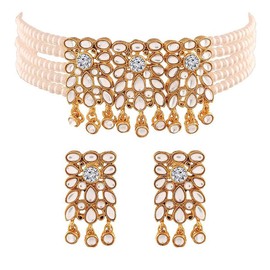 Aheli Faux Kundan Pearl Floral Choker Faux Pearl Necklace with Earring Indian Traditional Bollywood Ethnic Jewelry Set Gift for Women