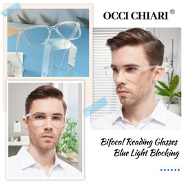 OCCI CHIARI Bifocals Reading Glasses for Men,Transition Square Eye Protection Readers 1.0 1.5 2.0 2.5 3.0 3.5 4.0(Transparent 150+)