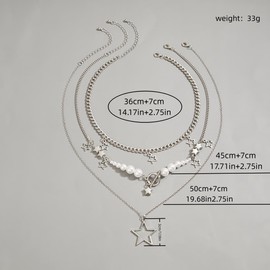 Gothic Tassel Star Pearl Lasso Y Necklace Set for Women Adjustable Multilayer Hollow Star Pendant Necklace Y2k Metal Chain Bead Star Choker Jewelry (Silver)