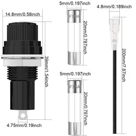 Xiatiaosann 10 pcs Panel Mount Fuse Holder 5X20mm 250V AC 10A 125V AC 15A Black Screw Cap Fuse Holder with 10A/15A Fast Blow Fuse, 18AWG terminal cables for radio automatic stereo,household appliance