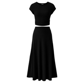 BTFBM Women Two Piece Skirt Set Summer 2025 Casual Vacation Crew Neck Short Sleeve Cropped Top Elastic Waist Midi Skirts(Black, X-Large)