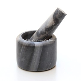 Stones And Homes Indian Grey Mortar and Pestle Set 3 Inch Marble Pill Crusher Herbs Spice Grinder for Kitchen Small Bowl Polished Decorative Round Herbs Spices Stone Grinder - (7.6x5.7x3.7 cm)