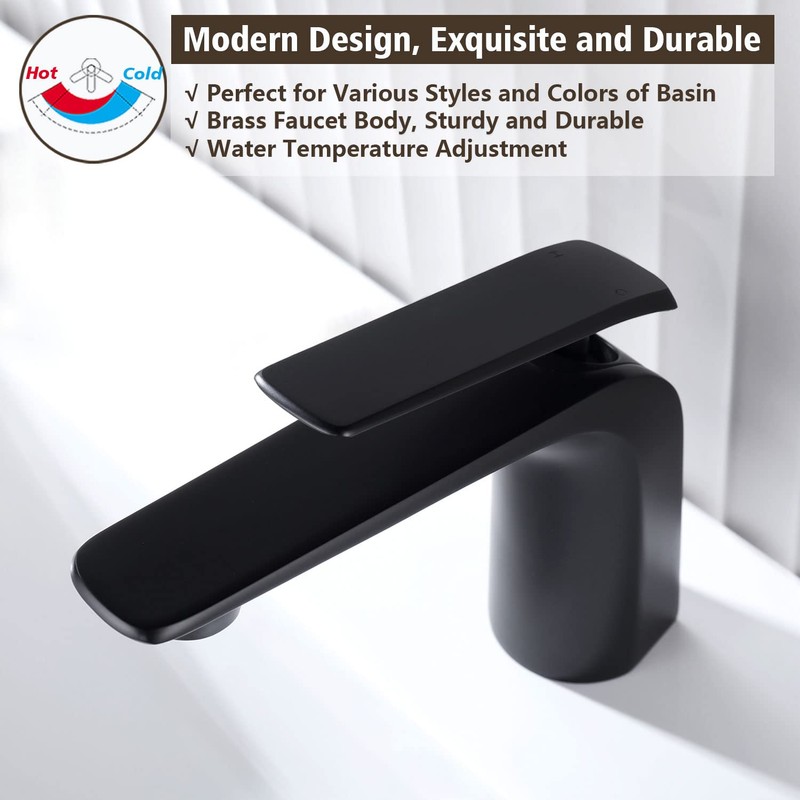 TOCALOCA Black Bathroom Sink Faucet, Matte Black, Modern Design, Single