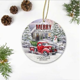 Red Truck Ornaments for Christmas Tree 2024 - Merry Christmas Decorations Home with Name City Loganville Georgia Ornament - Our First Christmas Loganville GA Ornament 3" New Home