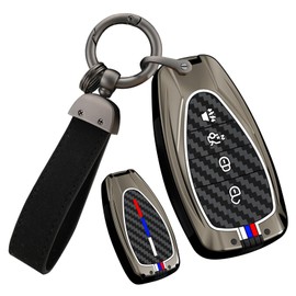 HIBEYO Key Fob Cover Compatible with Chevy Onix Equino Orlando Cruze Spark Sonic Camaro Volt Bolt Trax Malibu Blazer Traverse Accessories Alloy Carbon Fiber with Leather Keychains-4 Button Black