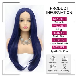 Angle Lucky Blue Lace Front Wig Long Straight Dark Blue Middle Part Wig Synthetic Natural Hairline Soft Wig Heat Resistant Fiber Cosplay Party Makeup Wigs for Women 24 Inches
