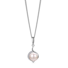 Orovi White Freshwater Pearl (8.5mm) in Round-Shaped Cubic Zirconia (7 Gems) Silver Pendant within a 925 Sterling Silver Necklace Chain (Jewellery Set)