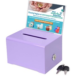 Donation Collection Ballot Box Ticket & Drawing Voting or Comment Box office and fundraising suggestion box 6.25 x 4.75 x 4 inch Box Display Sign Holder 4 x 6 inch with Lock and keys (Purple)