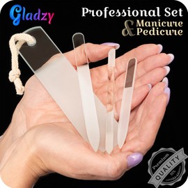 GLADZY Czech Glass Nail File Set - Multifunctional Nano Glass Nail Shiner Buffer, Callus Remover Foot Rasp, Glass Cuticle Pusher Manicure Stick, Etched Surface, Professional Nail Care Tool, Made in EU | Gladzy