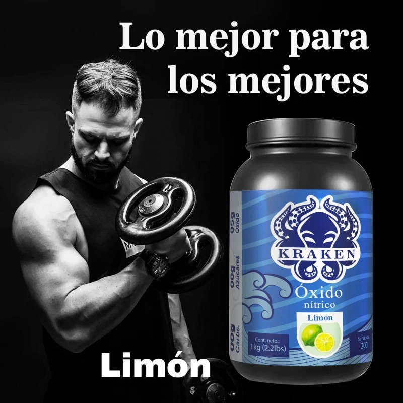 Óxido Nítrico Polvo Kraken 1kg Pre Entreno 200 Servicios Limón