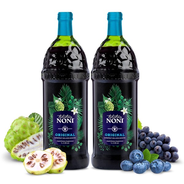 TAHITIAN NONI Juice by Morinda, Original and Authentic, Noni Fruit Puree from Tahiti with Natural Blueberry & Grape (Resveratrol), All-Natural Daily Wellness Drink - 2 One Liter Juice Bottles Case