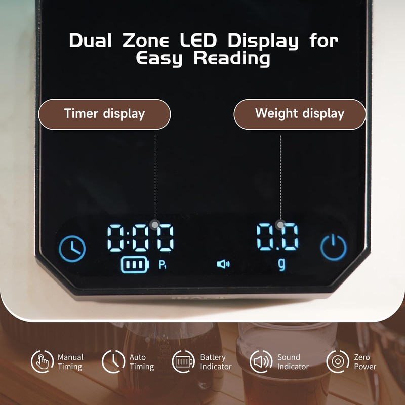 IKAPE Mini Digital Coffee Scale with Timer, 2kg/0.1g High Precision