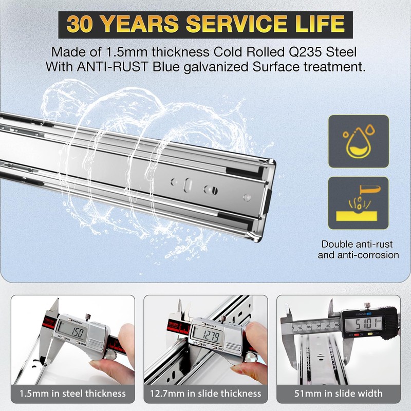YENUO Heavy Duty Drawer Slides Full Extension Side Mount 12