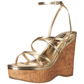NINE WEST Women's Rachal3 Wedge Sandal, Gold, 10