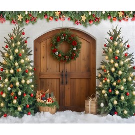 OFILA Christmas Photo Backdrop 10x8ft Rustic Christmas Barn Door Photography Backdrop Xmas Trees Gifts Ornaments Background Merry Christmas Party Decor Banner Family Photo Studio Booth Props