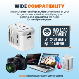 NTPRO Universal Travel Adapter-10A International Travel Adapter with 2 USB-C, 2 USB-A Ports (5-in-1), 5V-3.4A Fast Charging, Worldwide Plug Adapter for USA EU UK AUS, 2400W Max, Covers 200+ Countries